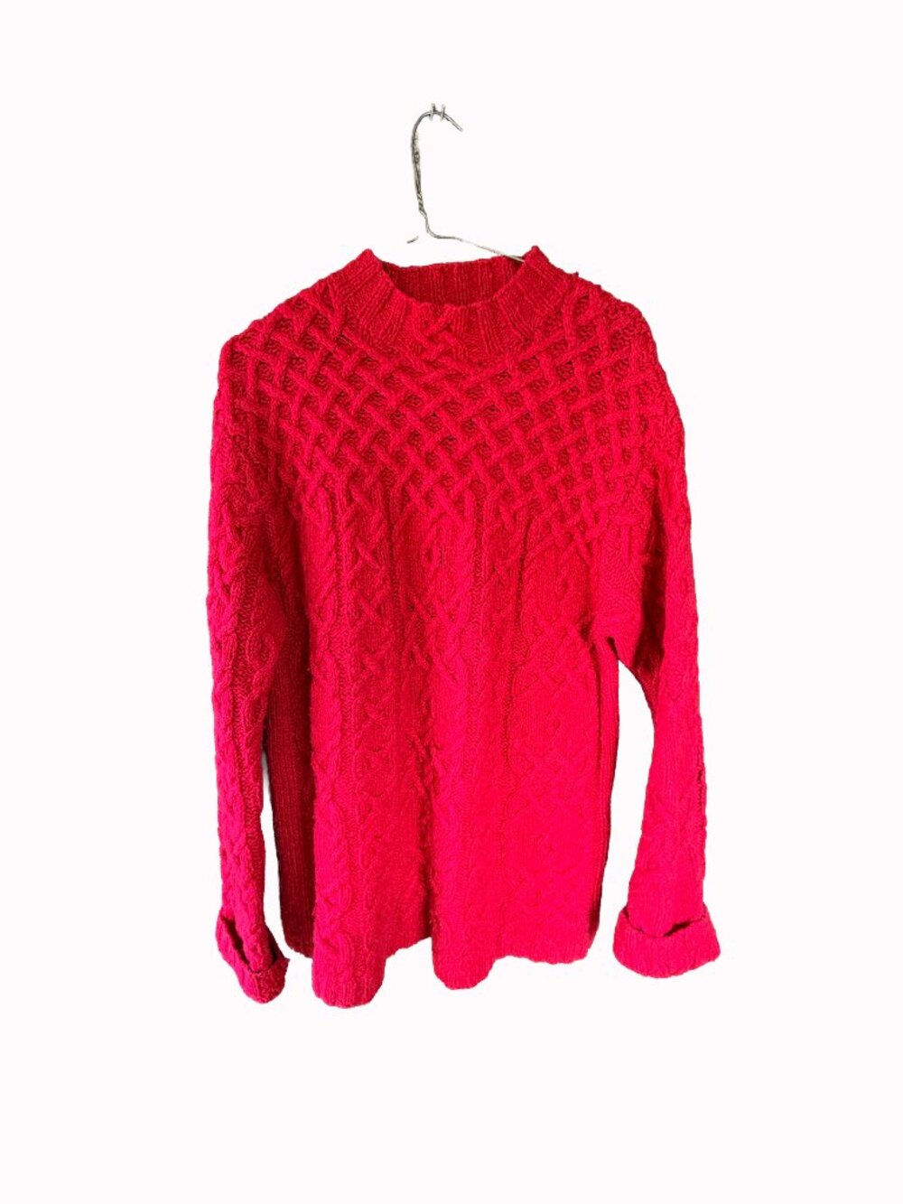 The Limited America Hand Knit Merino Wool Cable Sweater Red Fisherman Sz L
